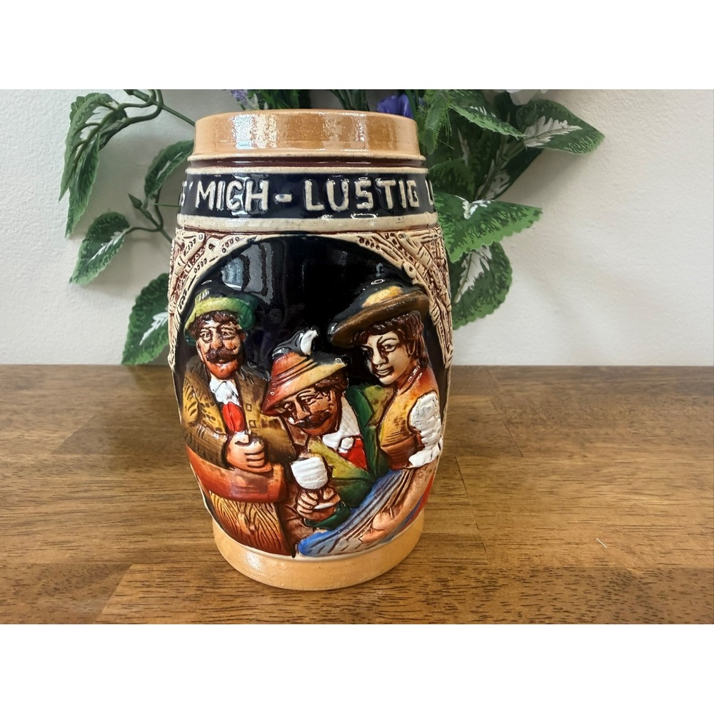 Vintage German Pottery Beer Stein Relief Tavern Scene Stoneware MCM Decor‎ Retro